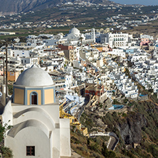 Amazing Landscape to town of Fira and Prophet Elias peak, Santorini island, Thira, Cyclades, Greece