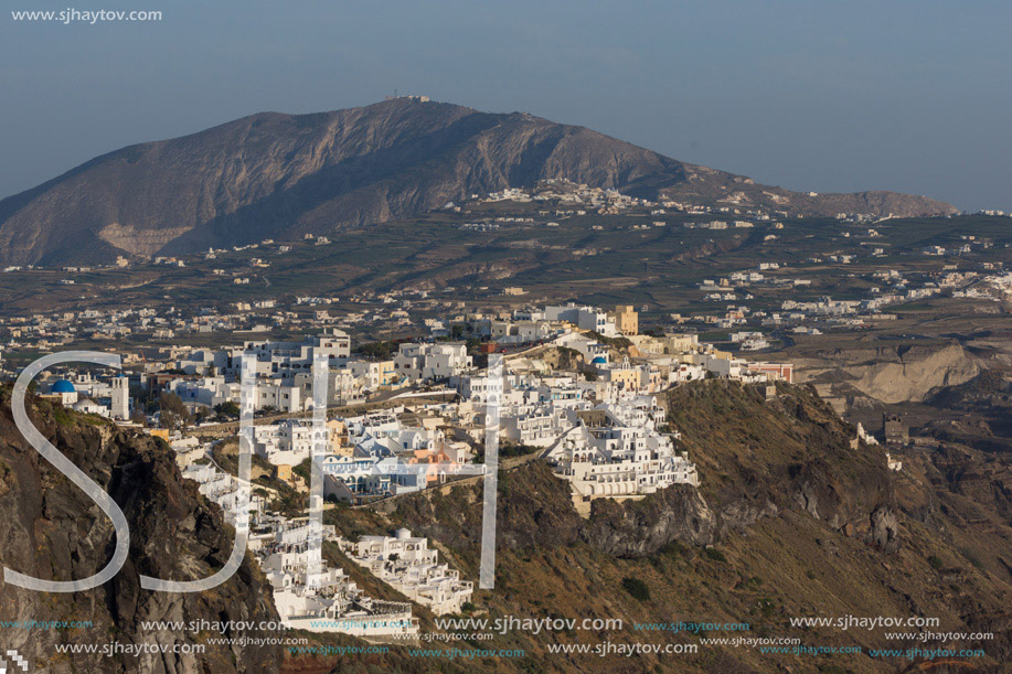Amazing view to town of Fira and Prophet Elias peak, Santorini island, Thira, Cyclades, Greece