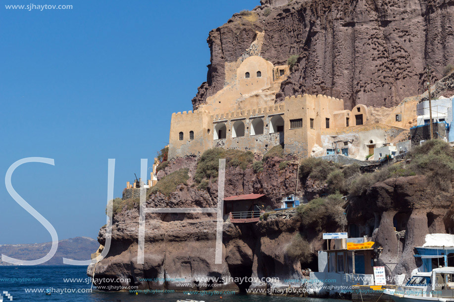 Panoramic view of Port of Fira,  Santorini island, Thira, Cyclades, Greece