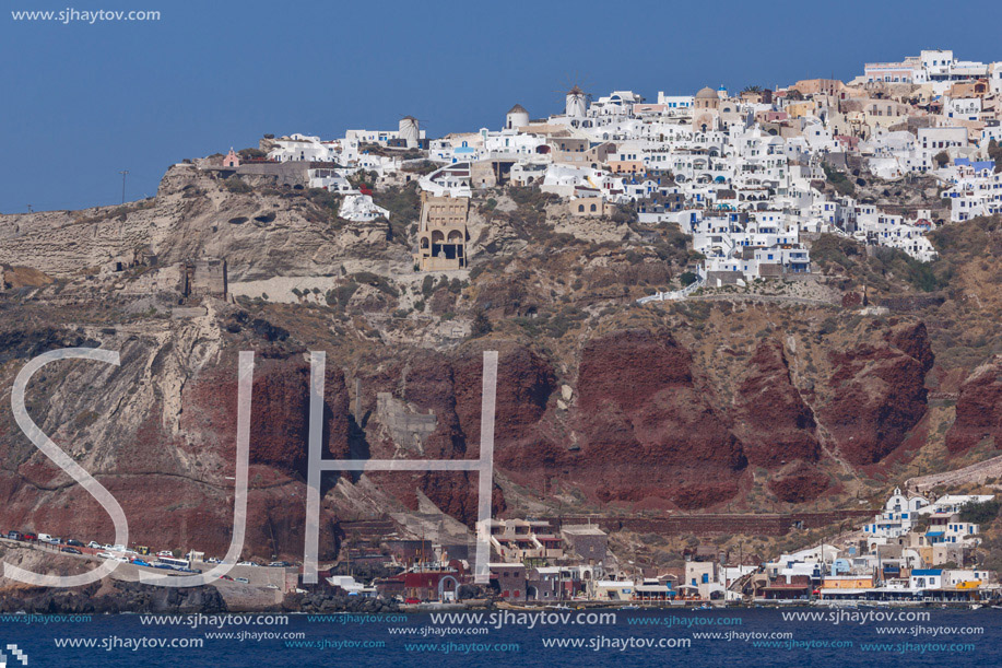 Amazing landscape to Oia town from the sea, Santorini island, Cyclades, Greece