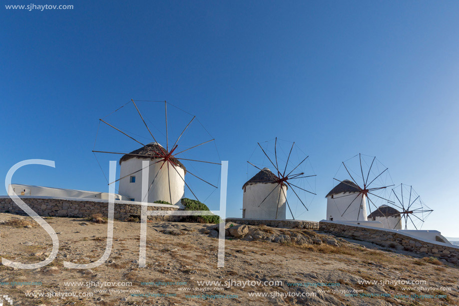 Amazing view of White windmills on the island of Mykonos, Cyclades, Greece