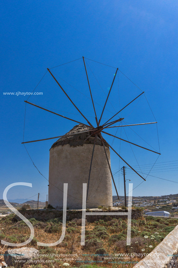 White windmill in Town of Ano Mera, island of Mykonos, Cyclades, Greece