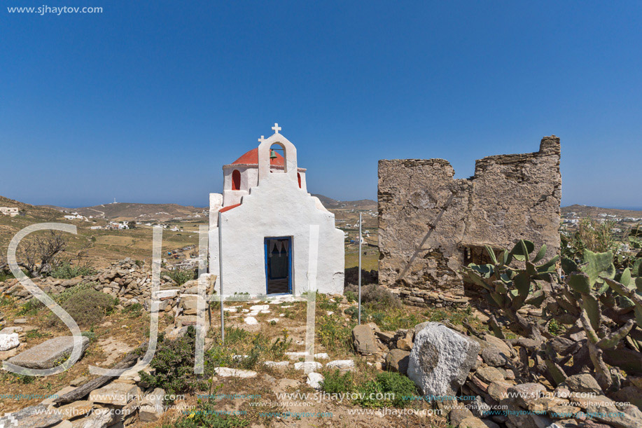 The ruins of a medieval fortress and White church, Mykonos island, Cyclades, Greece