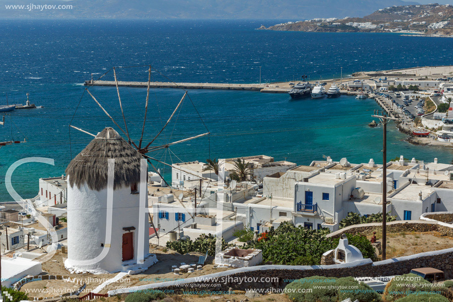 Panoramic view of Aegean sea and island of Mykonos, Cyclades, Greece