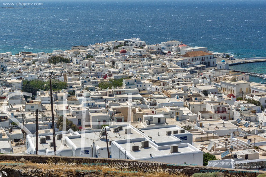 Panoramic view of Aegean sea and island of Mykonos, Cyclades, Greece