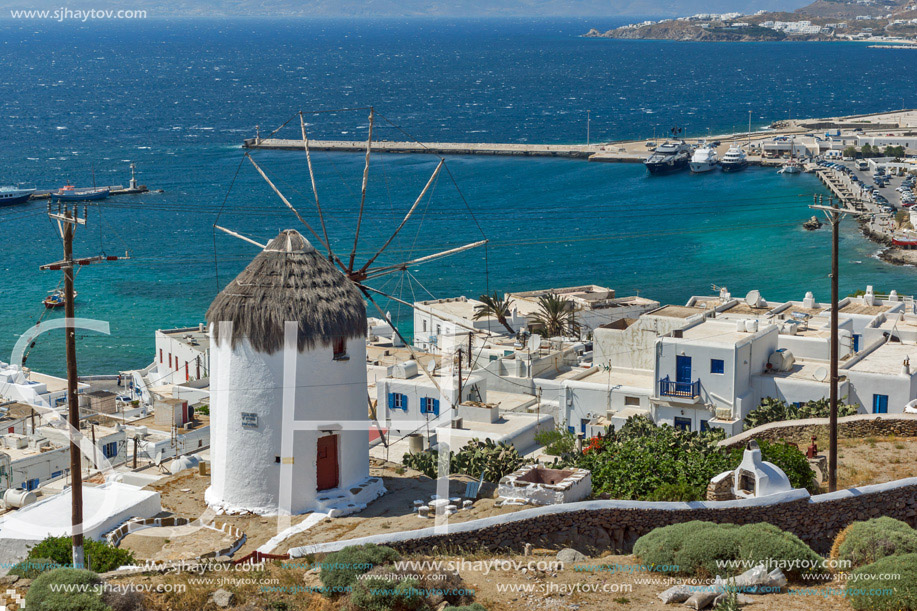 Panoramic view of white windmill and island of Mykonos, Cyclades, Greece