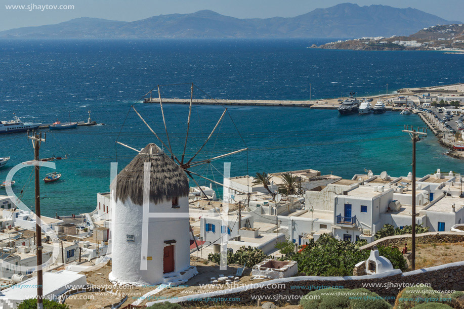 Amazing Panorama of white windmill and island of Mykonos, Cyclades, Greece