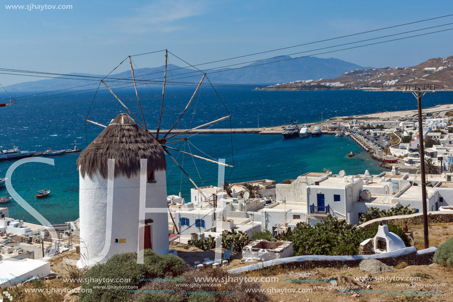 Amazing Panorama of white windmill and island of Mykonos, Cyclades, Greece