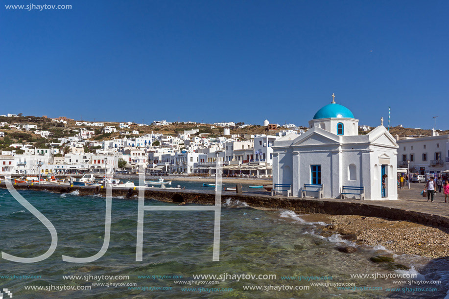 Small orthodox church on the port of town of Mykonos, Cyclades, Greece