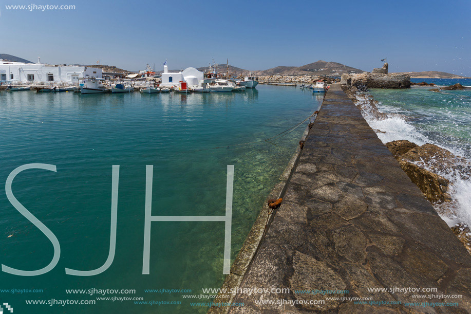 Amazing Panorama of Venetian fortress and port in Naoussa town, Paros island, Cyclades, Greece