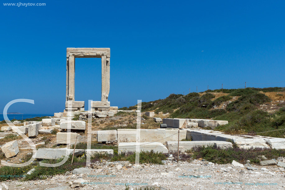 Close up view of Portara, Apollo Temple Entrance, Naxos Island, Cyclades, Greece