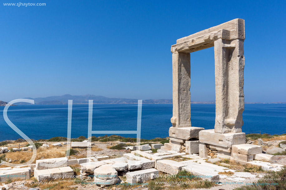 Amazing View of Agean sea and Portara, Apollo Temple Entrance, Naxos Island, Cyclades, Greece