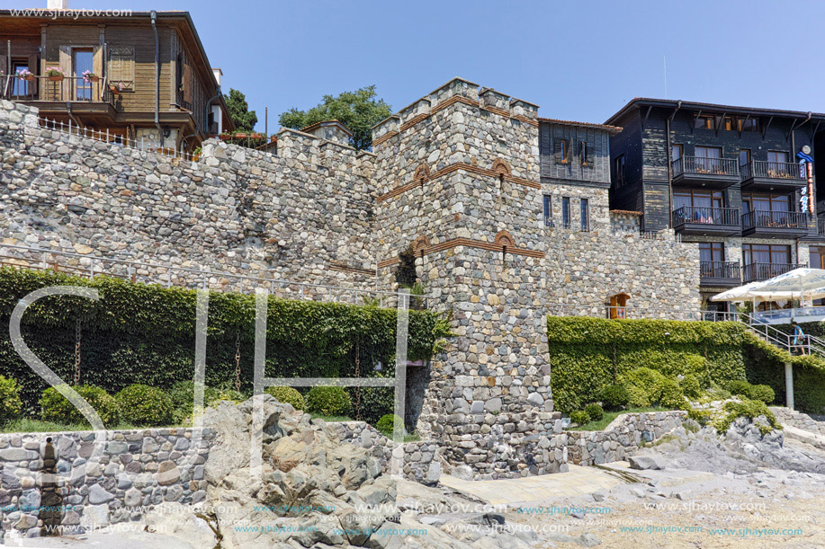 ancient fortifications and old houses at embankment of Sozopol, Burgas Region, Bulgaria