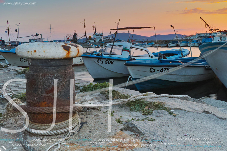 Sunset seascape with boats on the port of Sozopol, Burgas Region, Bulgaria