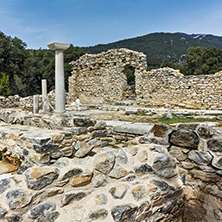 Panorama to Ruins of ancient church in Archaeological site of Aliki, Thassos island,  East Macedonia and Thrace, Greece