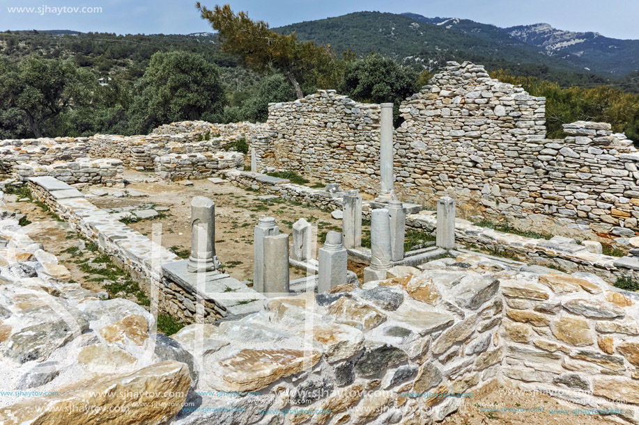 Columns in Ruins of ancient church in Archaeological site of Aliki, Thassos island,  East Macedonia and Thrace, Greece