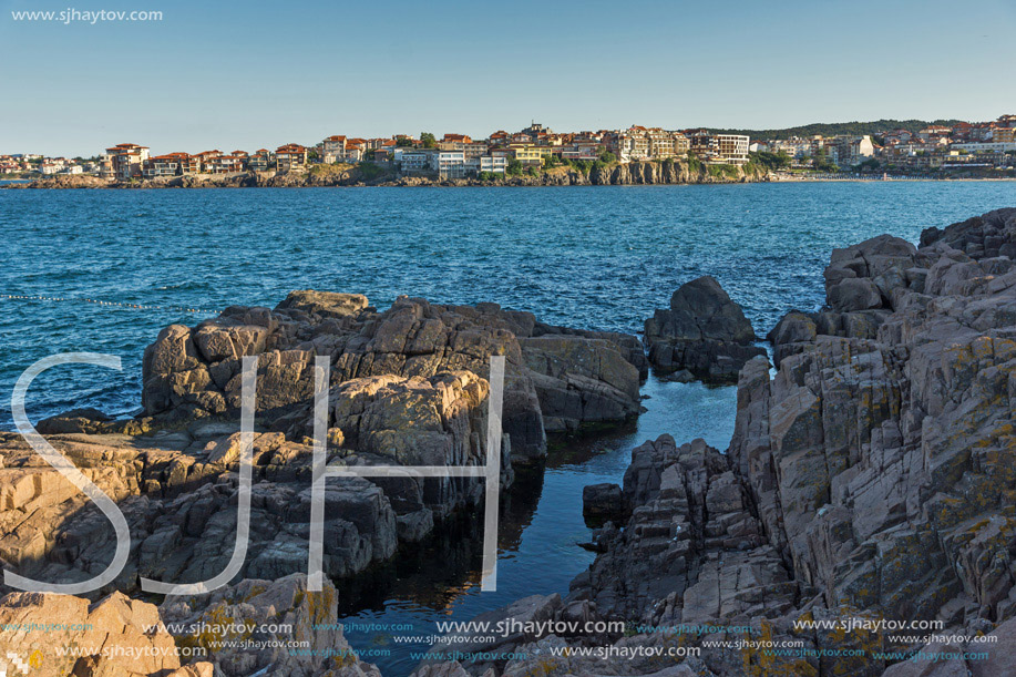 Panoramic sunset view of Sozopol town and black sea, Burgas Region, Bulgaria