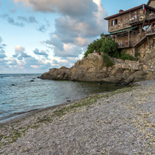 wooden Old house and small beach in Sozopol Town, Burgas Region, Bulgaria