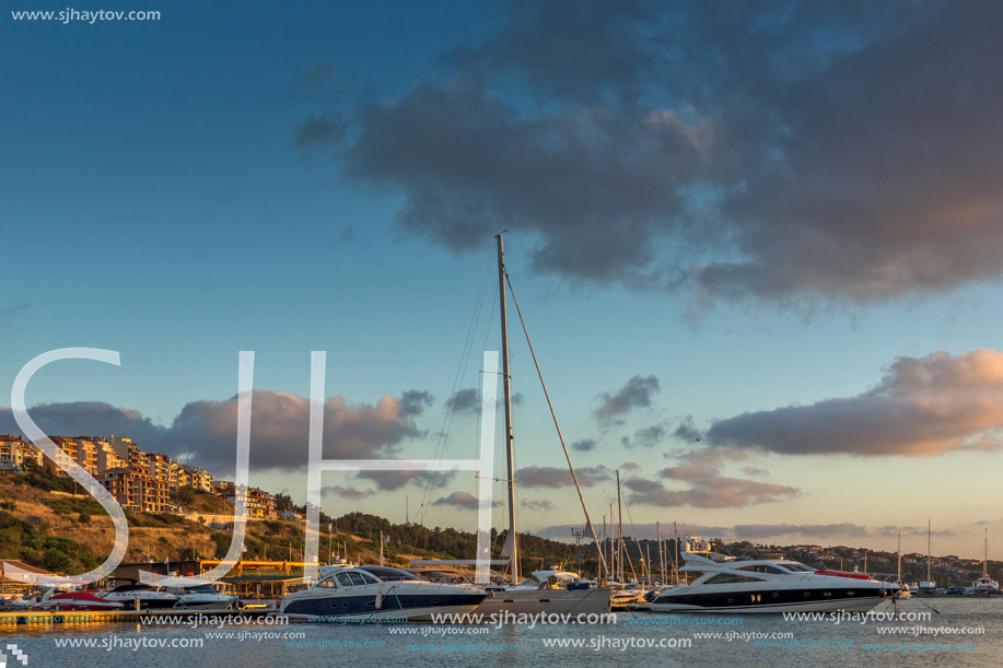 Sunset panorama of port and town of Sozopol, Burgas Region, Bulgaria