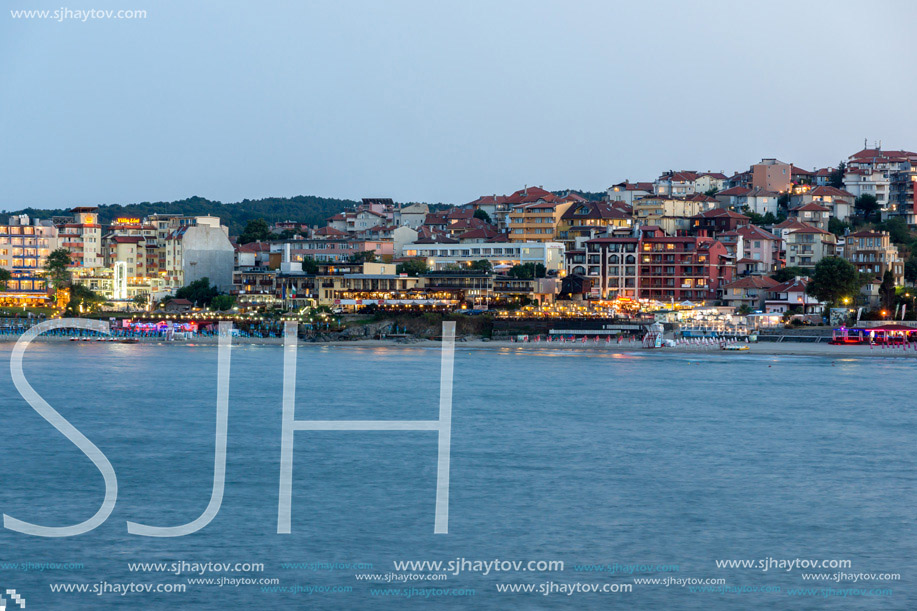 Twinlight panorama of beach and new part of Sozopol, Burgas Region, Bulgaria