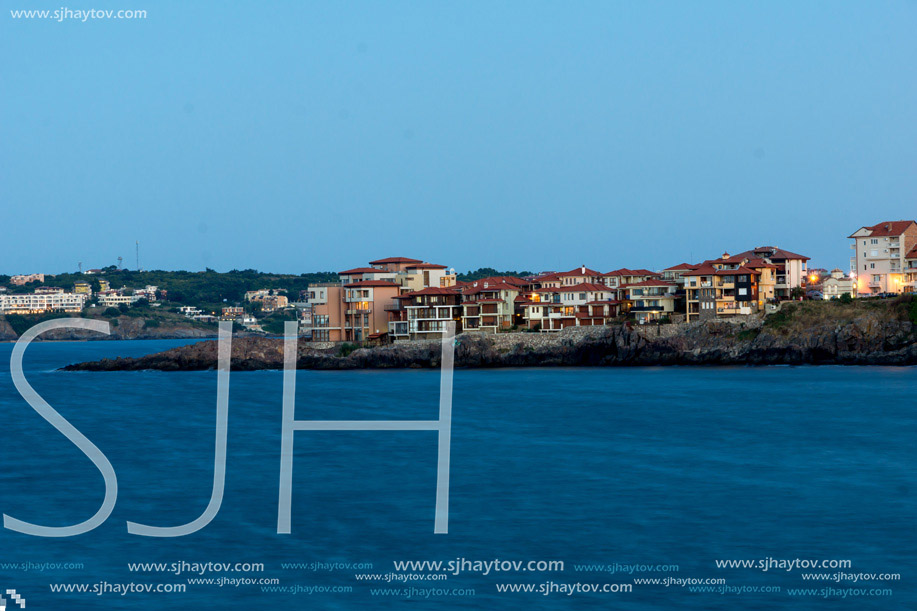 Twinlight view of beach and new part of Sozopol, Burgas Region, Bulgaria