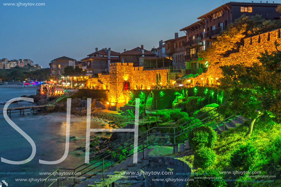 Night photo of reconstructed gate part of Sozopol ancient fortifications, Bulgaria