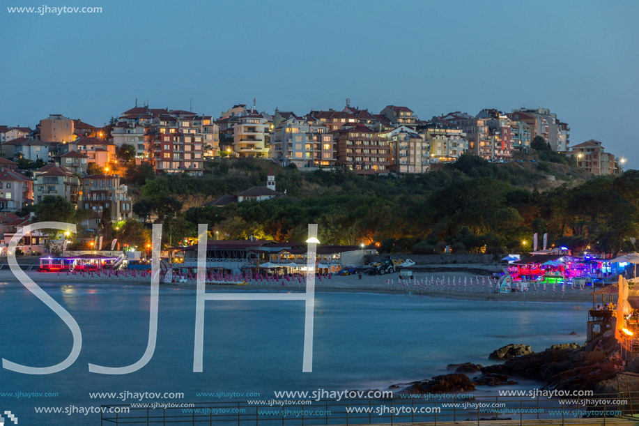 Twinlight view of beach and new part of Sozopol, Burgas Region, Bulgaria