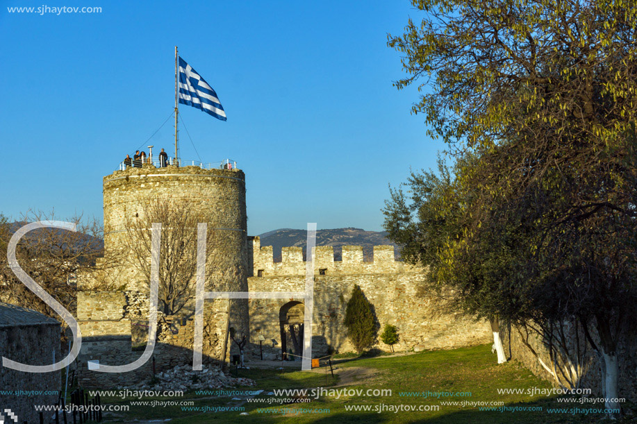Sunset view of Tower of the Byzantine fortress in Kavala, East Macedonia and Thrace, Greece