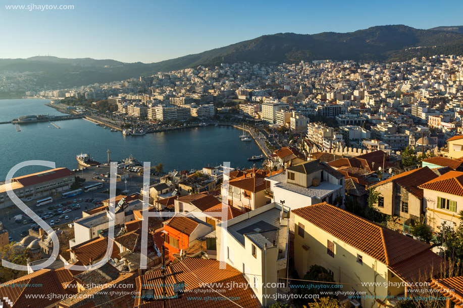 Panorama to old town and port of Kavala, East Macedonia and Thrace, Greece