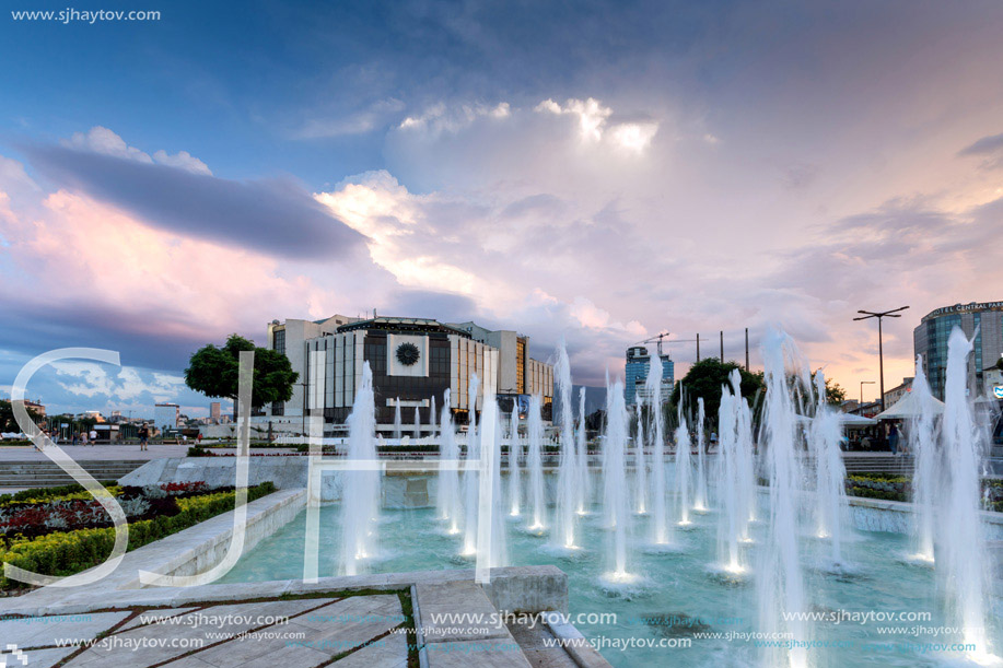 Sunset view of National Palace of Culture in Sofia, Bulgaria