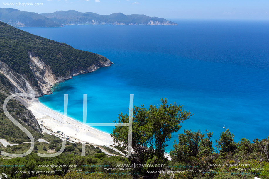 Blue water of beautiful Myrtos beach, Kefalonia, Ionian islands, Greece