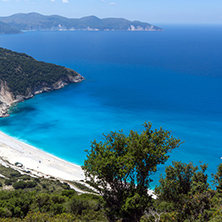 Blue water of beautiful Myrtos beach, Kefalonia, Ionian islands, Greece