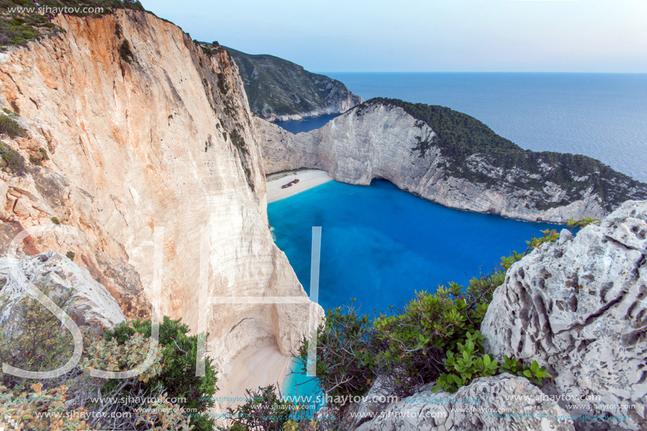 Amazing sunset panorama of Navagio Shipwreck beach, Zakynthos, Greece