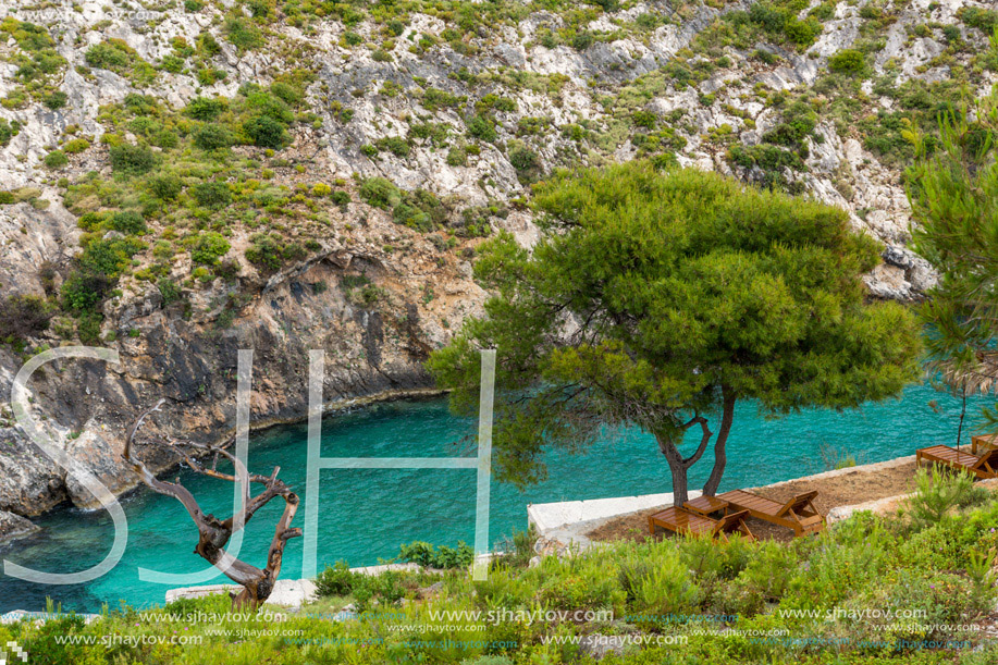Blue water Limnionas beach bay at Zakynthos island, Greece