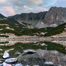 Panoramic sunset view of Sinanitsa peak and lake, Pirin Mountain, Bulgaria