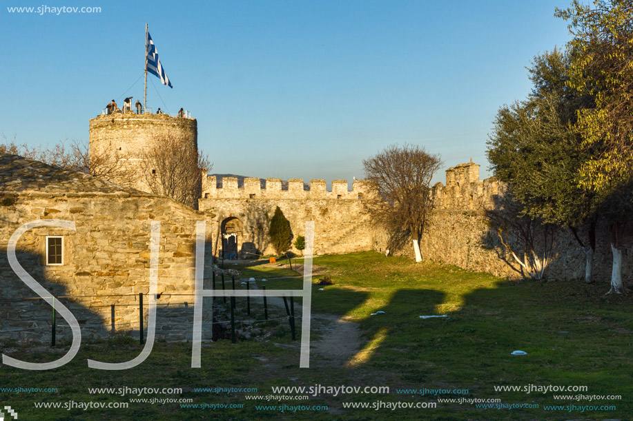 Amazing Sunset of Tower of the Byzantine fortress in Kavala, East Macedonia and Thrace, Greece