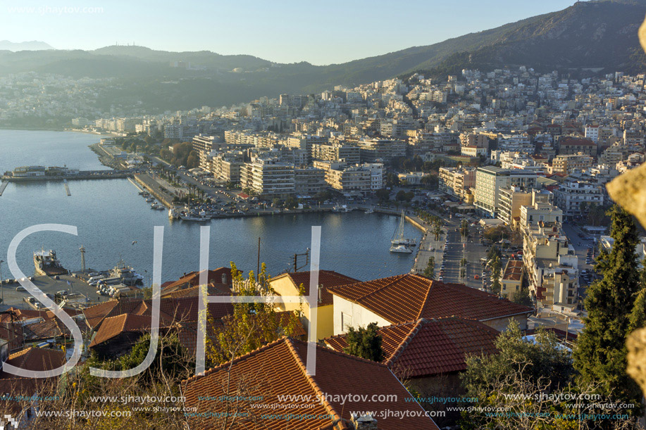 Sunset Panorama to port of Kavala, East Macedonia and Thrace, Greece