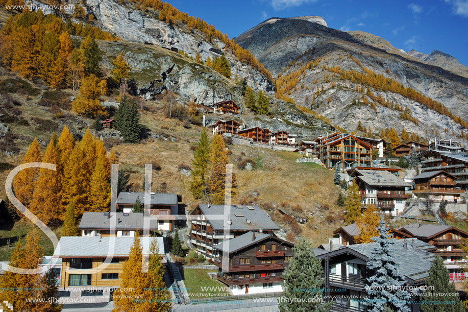 Panorama with wooden house in Zermatt Resort, Canton of Valais, Switzerland