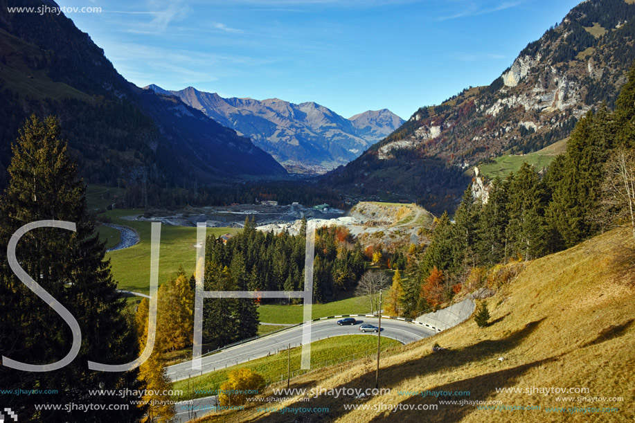 Amazing Panorama to road in Swiss Alps near Bluemlisalp peak, Switzerland