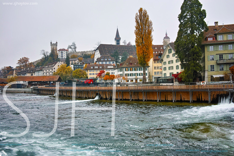 morning fog in City of Luzern and Reuss River, Switzerland