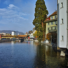 Panoramic view of Reuss river and City of Lucern, Canton of Lucerne, Switzerland