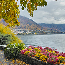 Panoramic view of Lake Geneva and Alps, Montereux, canton of Vaud, Switzerland