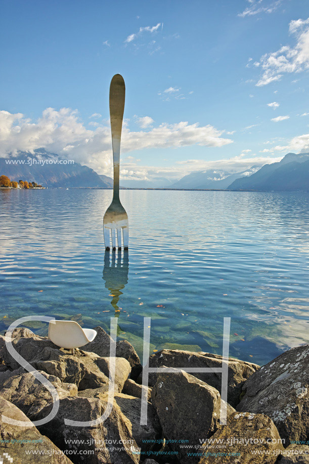 Panorama of Lake Geneva from town of Vevey, canton of Vaud, Switzerland