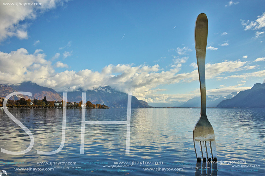 Panoramic view of Lake Geneva from town of Vevey, canton of Vaud, Switzerland