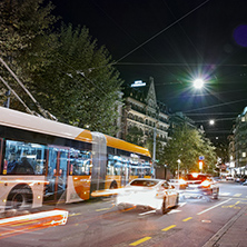 Night photo of street of city of Geneva, Switzerland