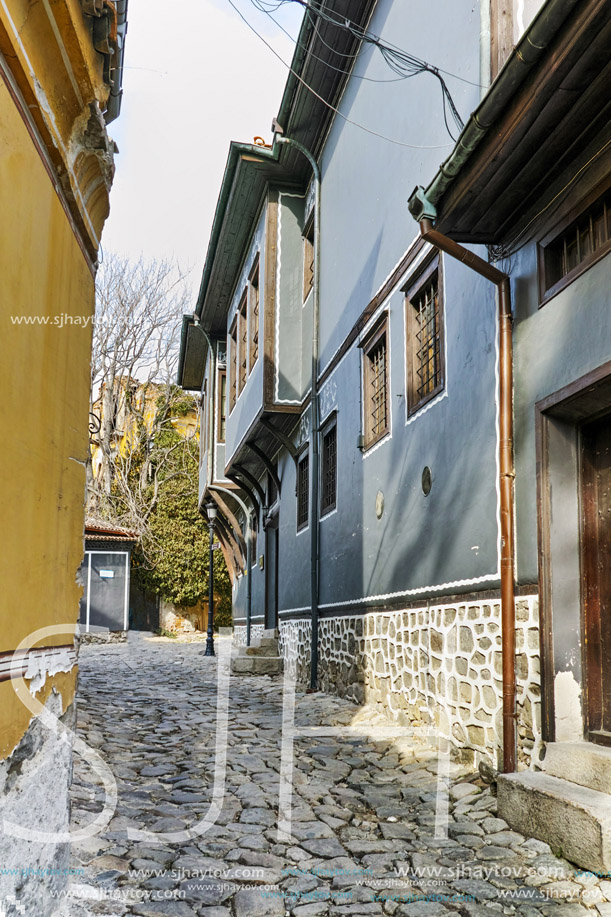 Street in old town and Medieval houses in Plovdiv, Bulgaria