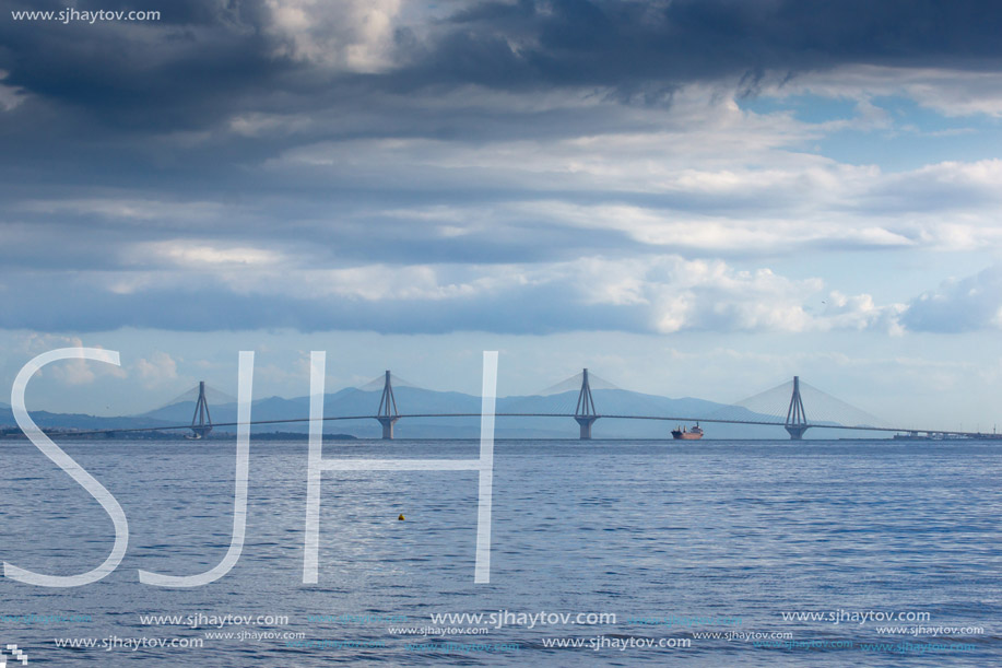 Panorama of The cable bridge between Rio and Antirrio from Nafpaktos, Patra, Western Greece