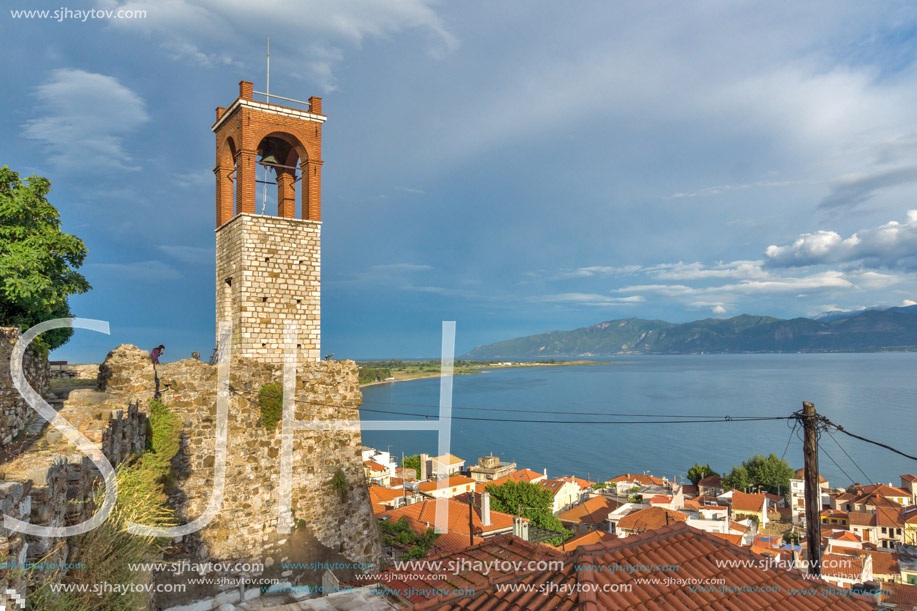 Sunset view of Clock tower in Nafpaktos town, Western Greece