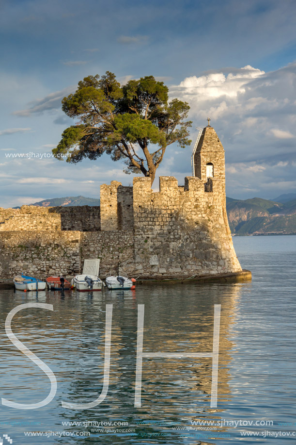 Sunset panorama of Fortification at the port of Nafpaktos town, Western Greece