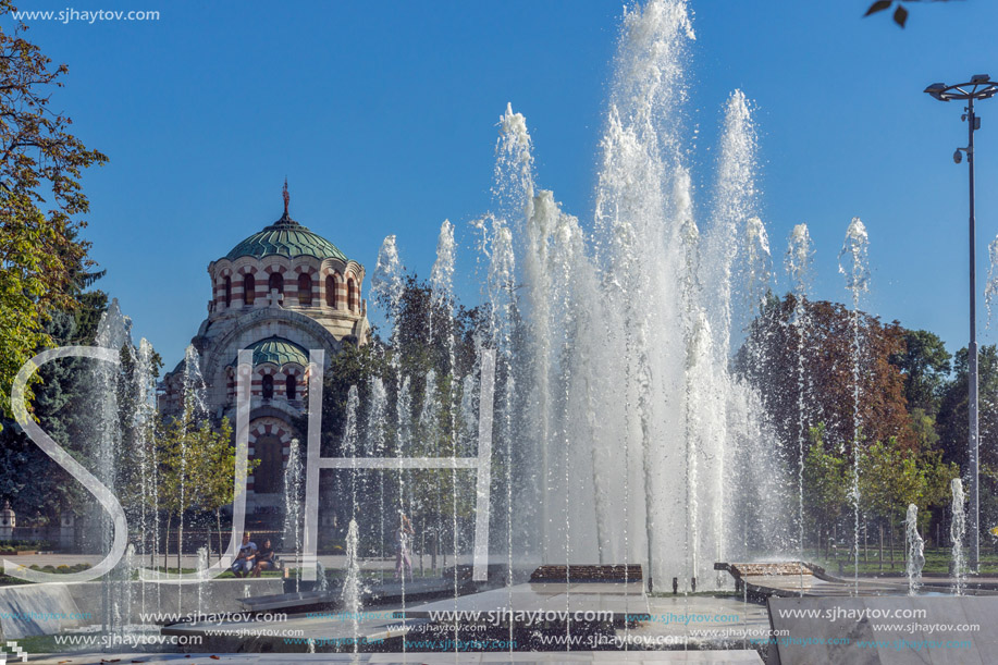 Fountain in the center of City of Pleven and St. George the Conqueror Chapel Mausoleum, Bulgaria